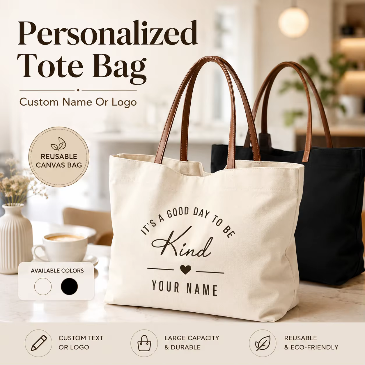 Sac fourre-tout en toile personnalisé avec nom et logo