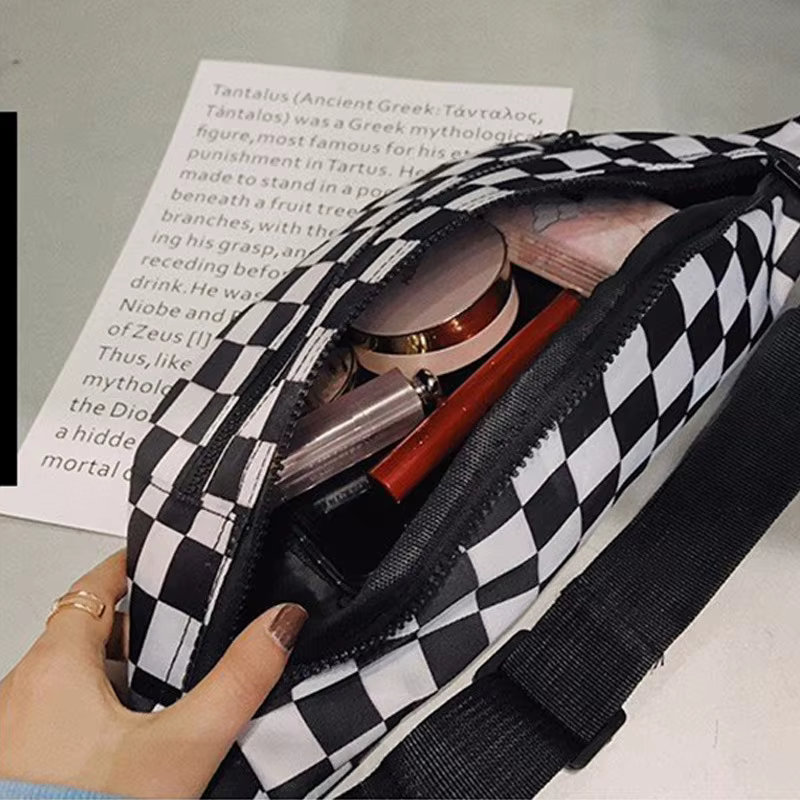 Nouveau sac de taille à la mode à carreaux noir et blanc avec doubles fermetures éclair et sac à bandoulière en toile