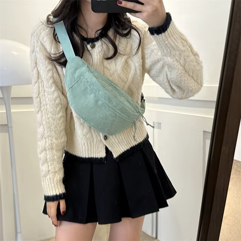 Femmes taille sac velours côtelé étudiant épaule sac à main bandoulière poitrine