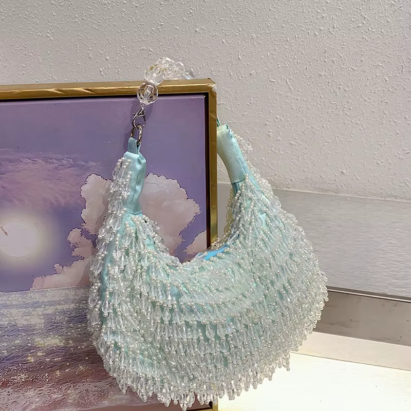 Été frais doux bleu clair à la main perlé frange Design élégant dame dîner sac Chic robe de soirée sac