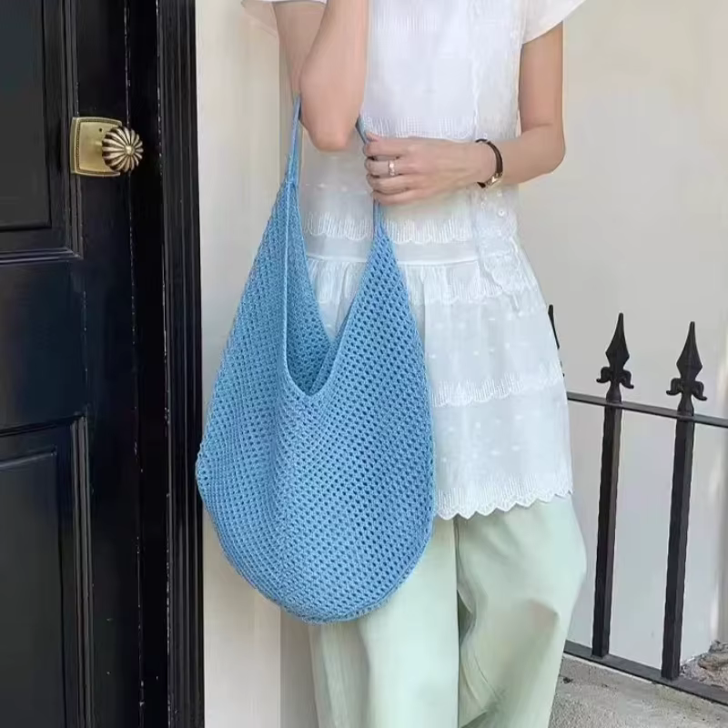 Sacs à bandoulière tissés ajourés grande capacité, sacs sous le bras en tricot, sacs fourre-tout en crochet solide, sacs de plage en maille d'été, sacs à main tendance pour femmes