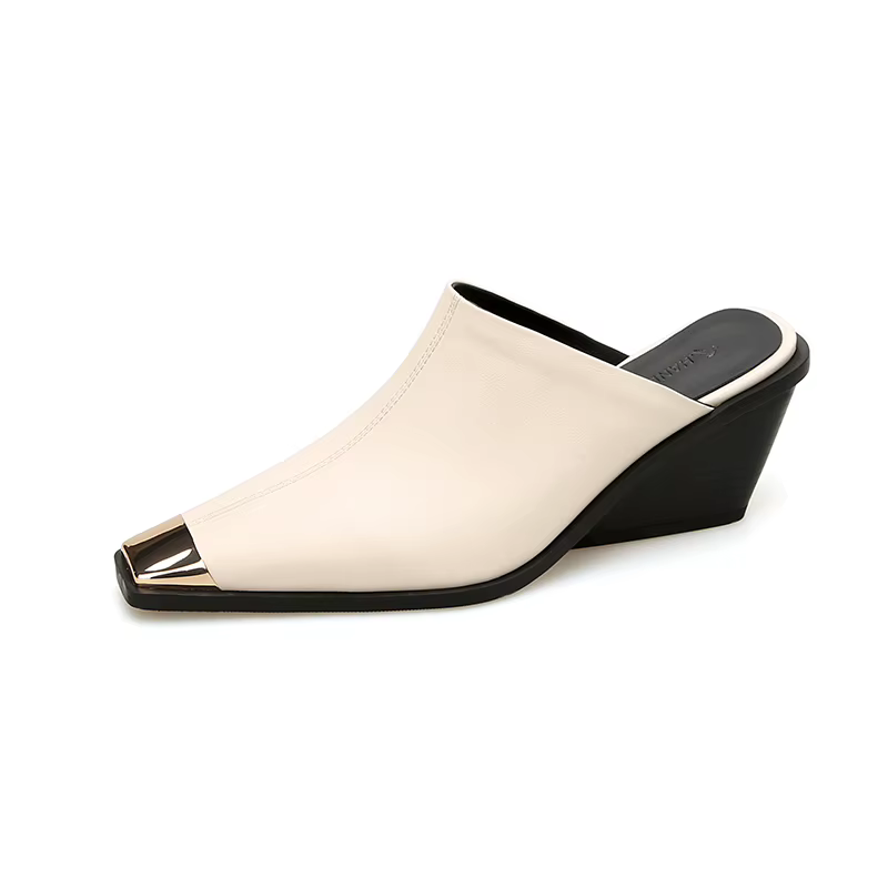 2025 nouvelles dames en cuir véritable tête en métal Mules mode Med talons épais été babouches femmes chaussures de bureau décontractées femme
