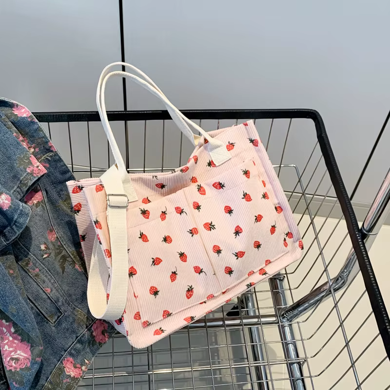 Sac fourre-tout mignon fraise patché sac à main pour femmes tissu grande capacité