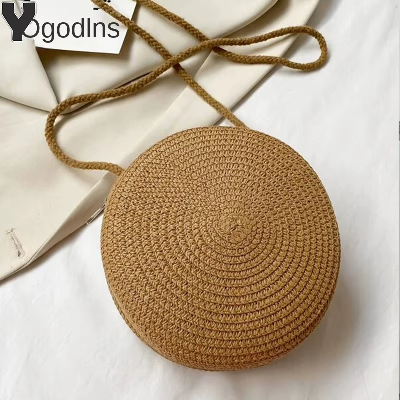 Sac rond en paille tissé pour femmes