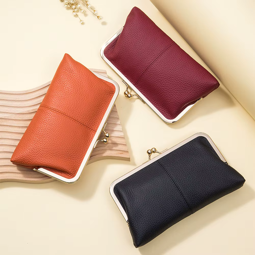 Portefeuille long en cuir véritable pour femme