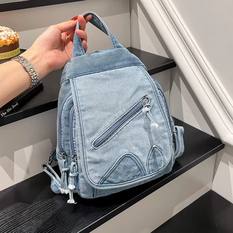 Rétro grande capacité lavé denim simple sacs à dos femmes trajet fourre-tout sac 2025