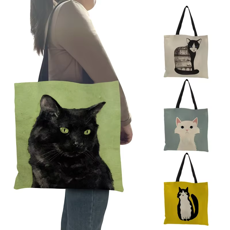 Sac à bandoulière imprimé chat noir pour femmes
