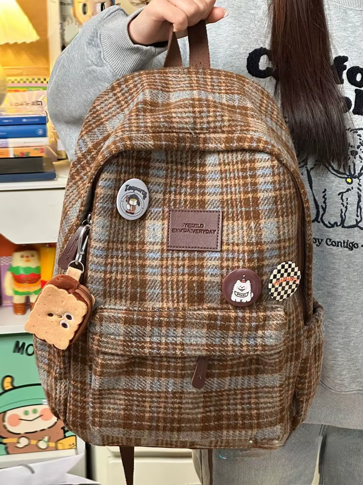 Sac à dos à carreaux vintage pour femmes, sac à dos grande capacité, mode douce, Ulzzang imprimés Girls, extérieur, décontracté, Bergame, automne, hiver