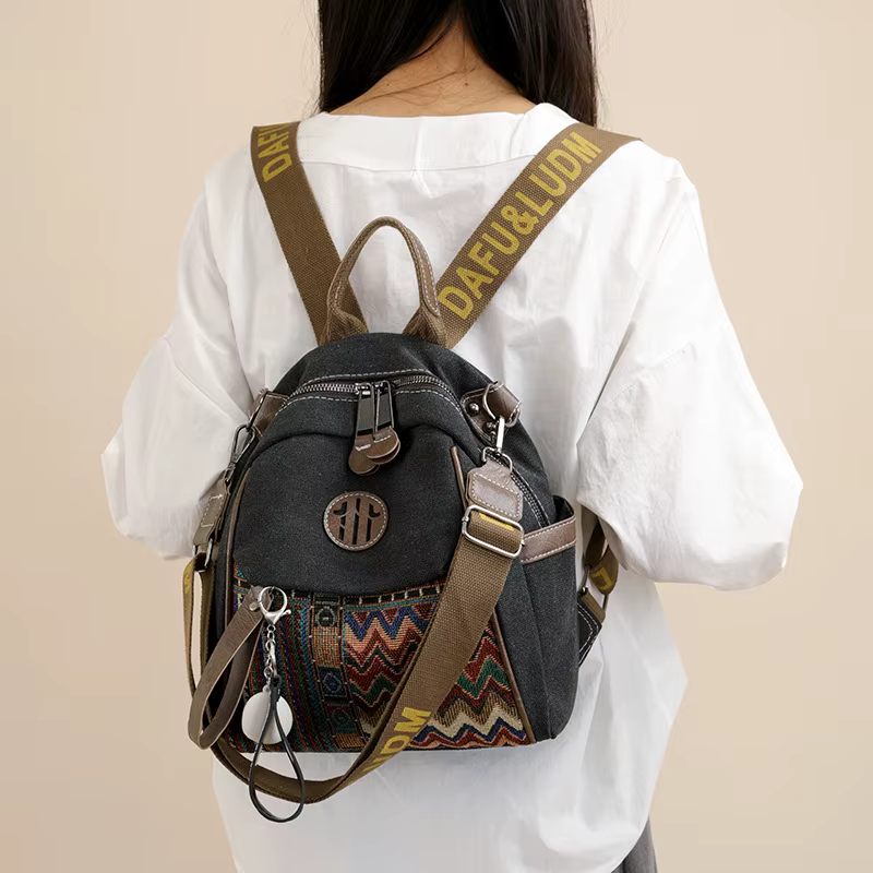 Sac à bandoulière double en denim brodé de style ethnique pour femme