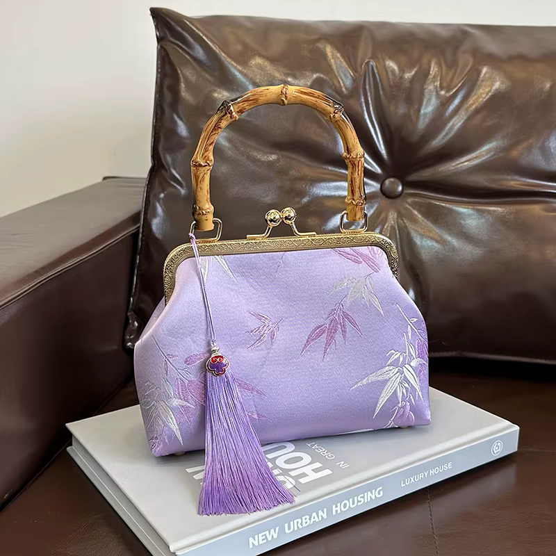 Vintage bambou poignée fourre-tout Style ethnique jour pochette violet Jacquard broderie sac à main élégant dame