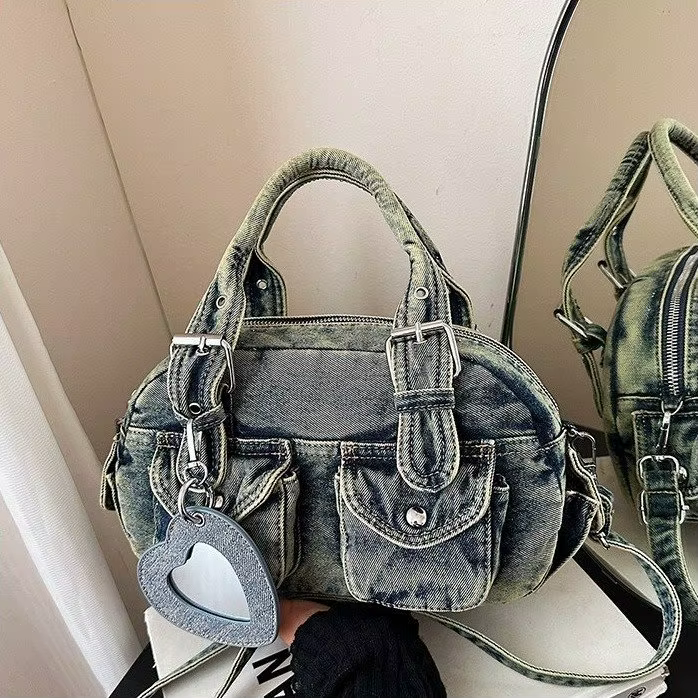 Sac bandoulière en jean délavé rétro pour femme