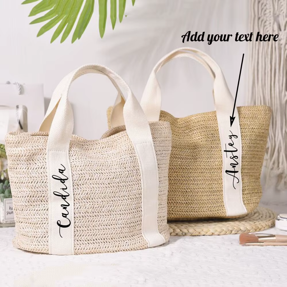Sac fourre-tout tissé en paille avec texte personnalisé