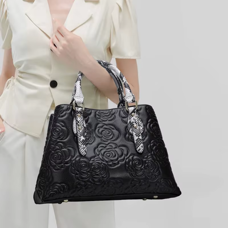 Aidrani Sac à main de luxe en cuir pour femme grande capacité noir avec motif floral et serpent