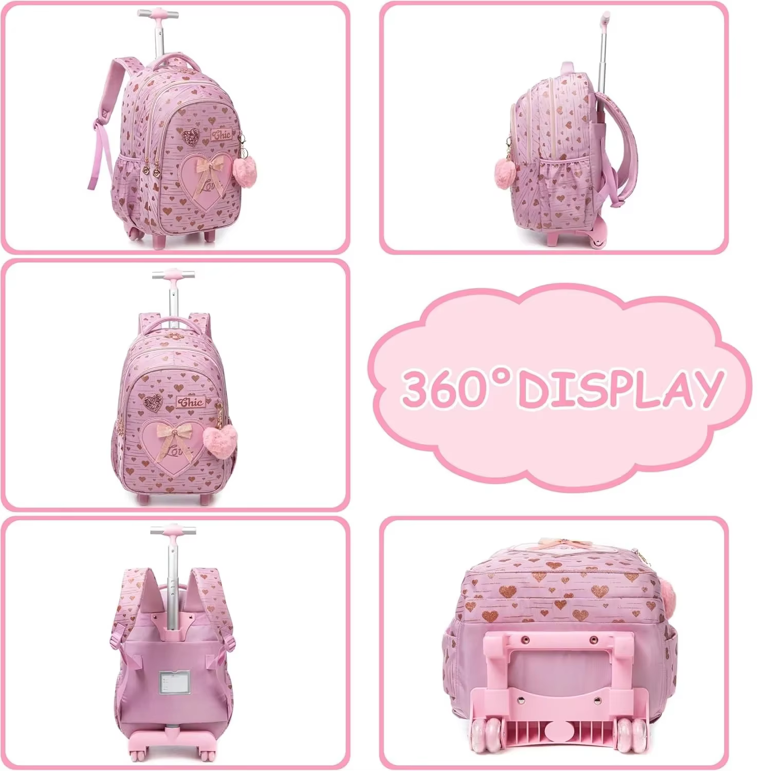 Sac à dos à roulettes avec ruban nœud papillon pour enfants