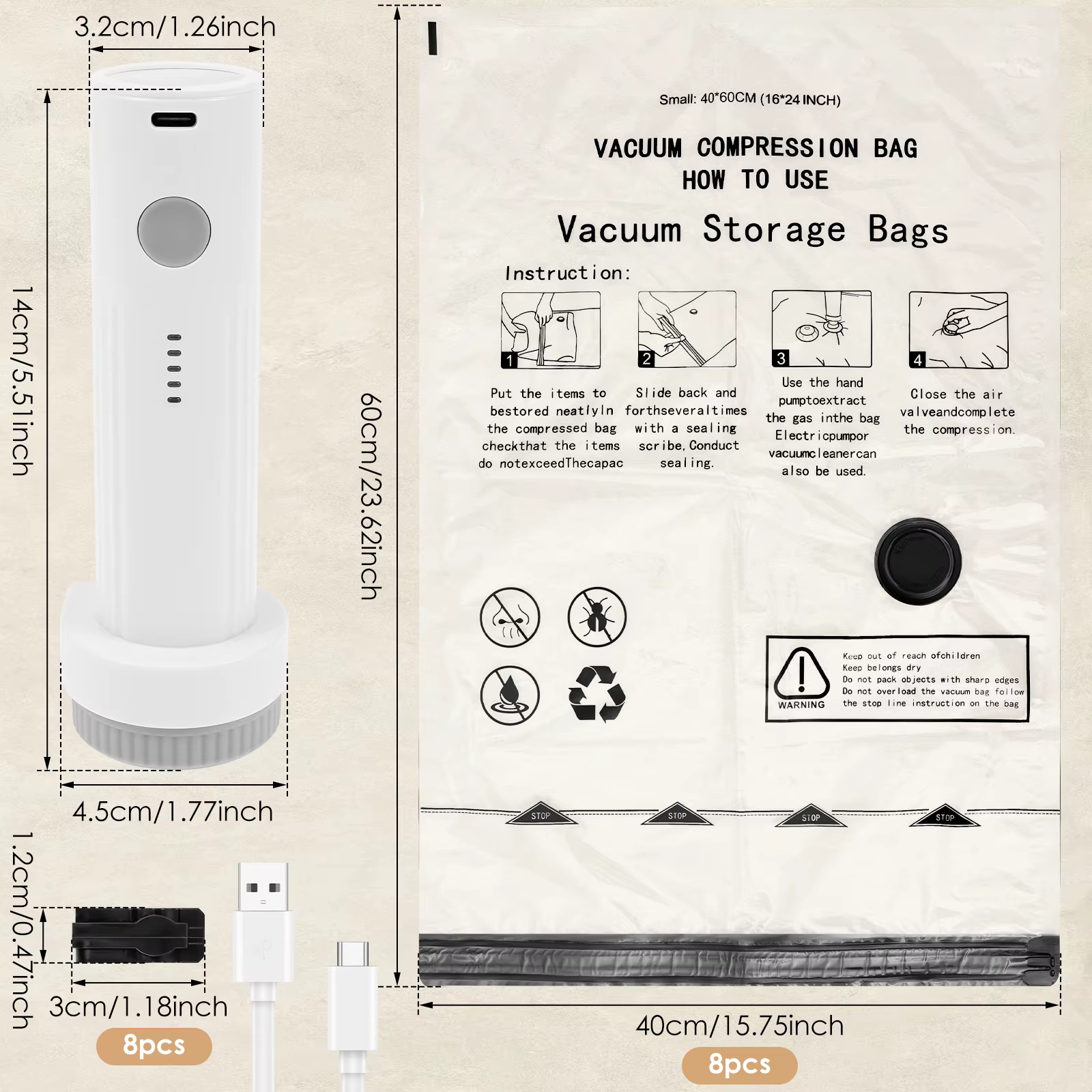 Sacs de rangement sous vide avec pompe électrique USB