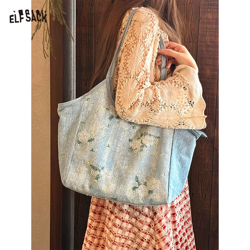 ELFSACK Sac fourre-tout à bandoulière en denim bleu clair avec broderie florale pour femme