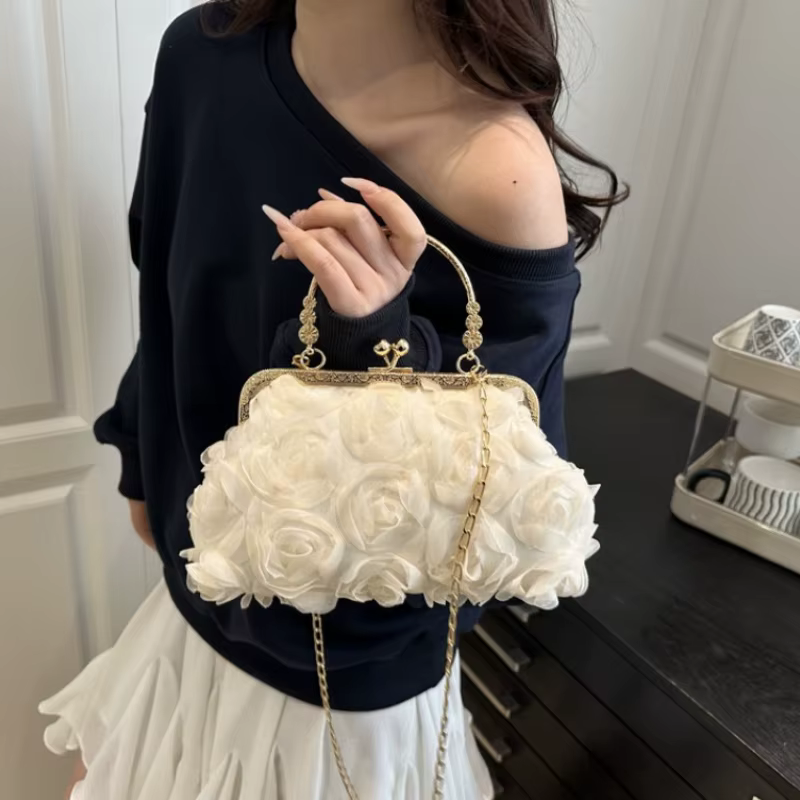 Sac à main de dîner en mousseline de soie à fleurs 3D