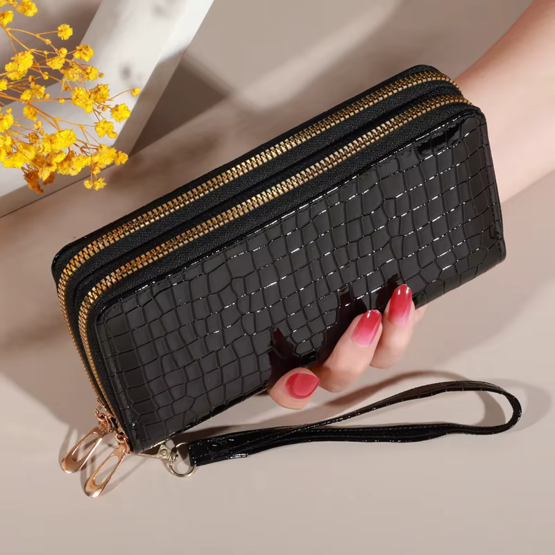 Portefeuille d'embrayage double couche vintage chic - Porte-monnaie et bracelet rétro à fermeture éclair - Accessoire pour femme à la mode avec rangement sécurisé