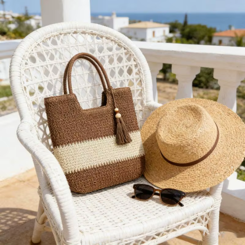 Sac fourre-tout tissé à la main en paille avec pompons