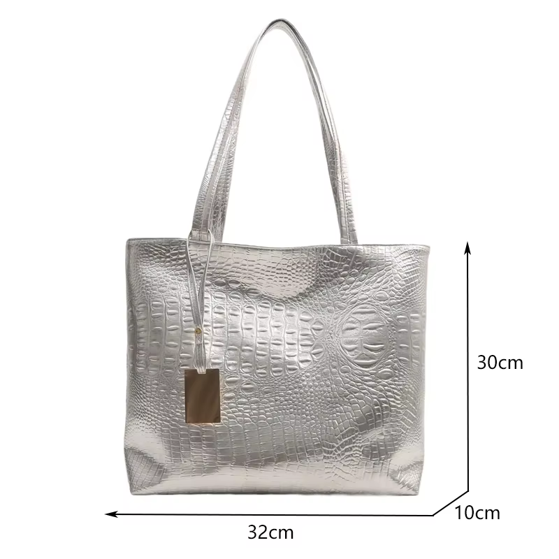 Mode décontracté femmes sacs à bandoulière argent or noir Crocodile Sac à main en cuir PU femme grand Sac fourre-tout
