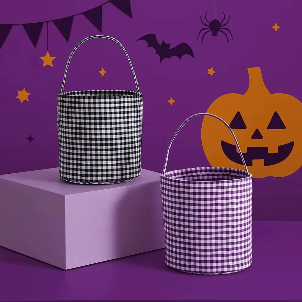 Panier de bonbons d'Halloween « Trick or Treat » – Sac fourre-tout à motif écossais grande capacité pour décorations et fournitures