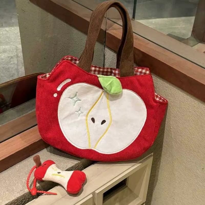 Sac à main pomme rouge créatif et mignon en velours côtelé