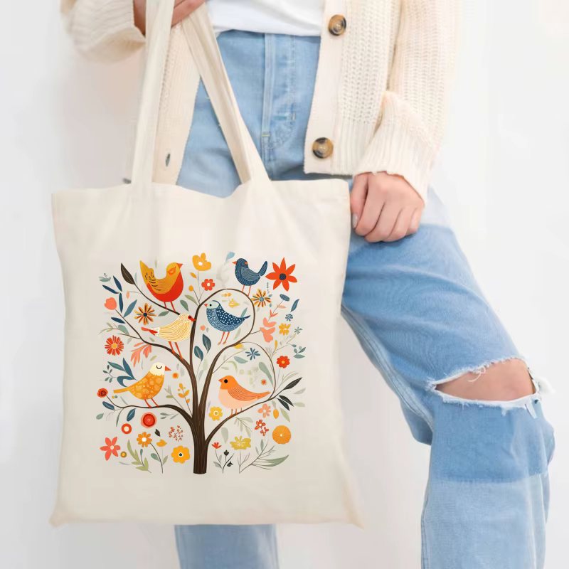 Sac fourre-tout en toile crème, arbre à motifs d'oiseaux et de fleurs, adapté à un usage quotidien