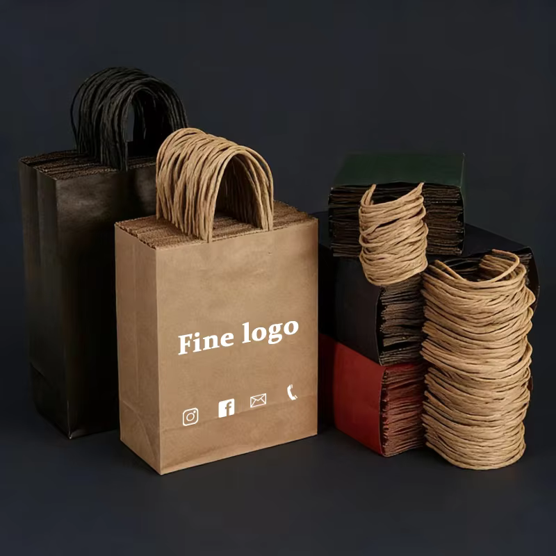 Sacs à main en papier Kraft, 50 pièces, sacs à main pour thé au lait, cosmétiques à emporter, magasin de vêtements, sacs d'emballage cadeau, Logo imprimé personnalisé