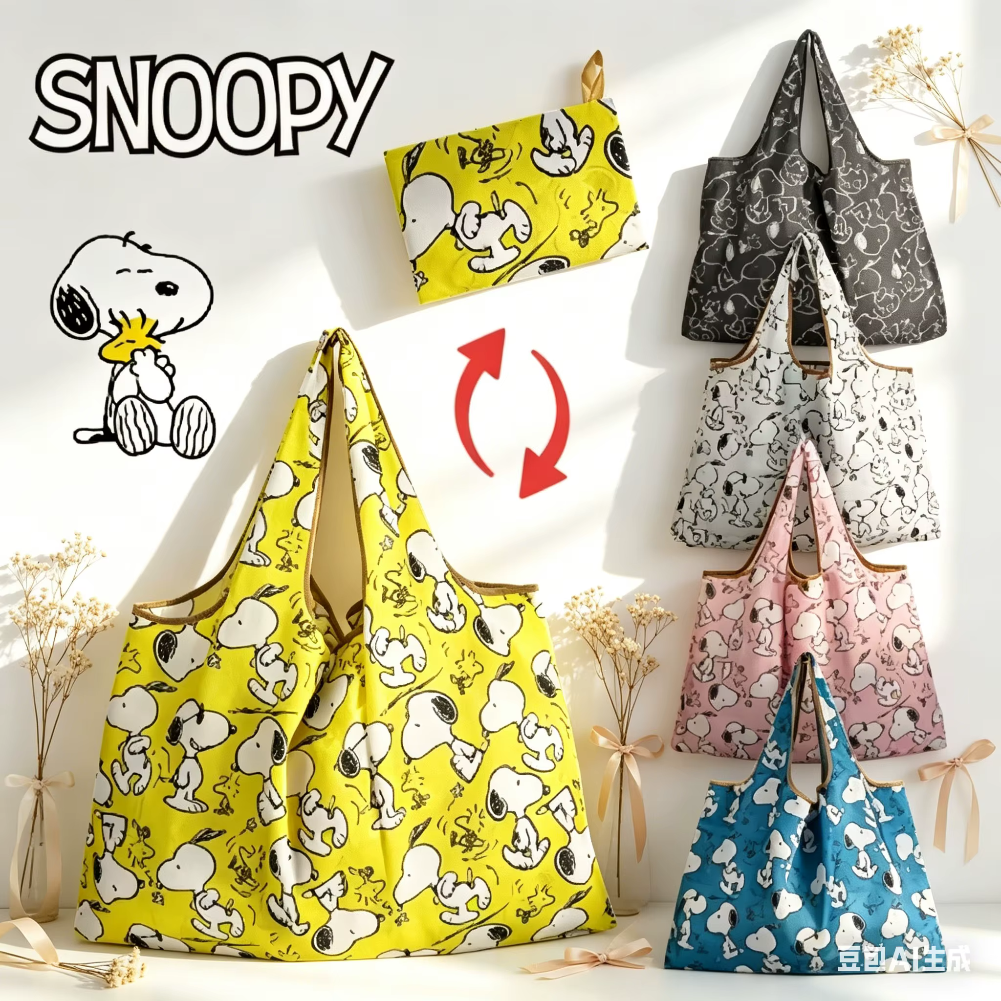 Sac de courses réutilisable pliable imprimé Snoopy