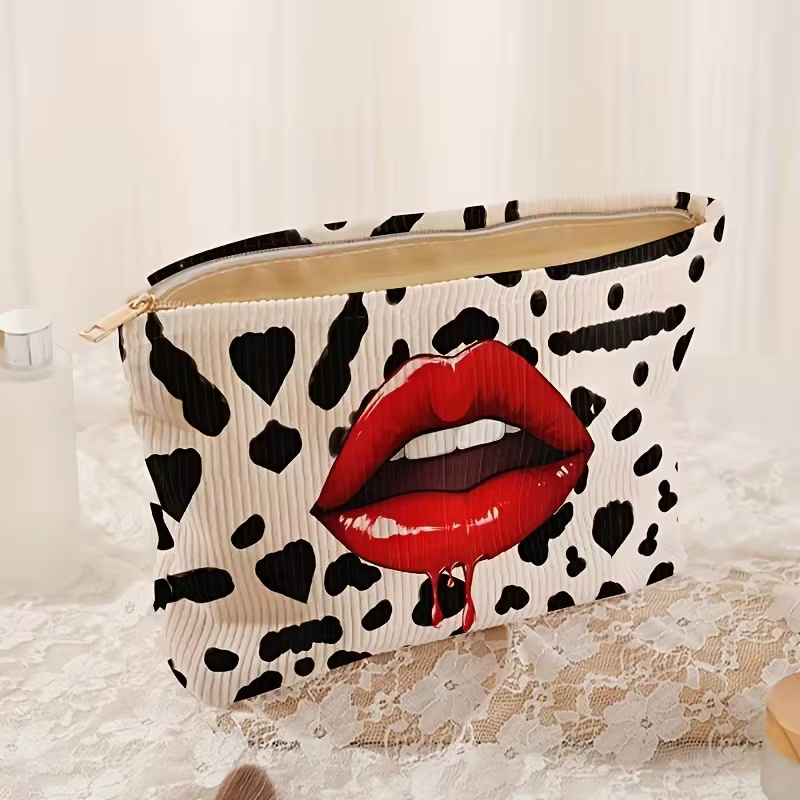 Pochette à maquillage en velours côtelé rouge – Organisateur de cosmétiques avec motifs cœur et baiser audacieux