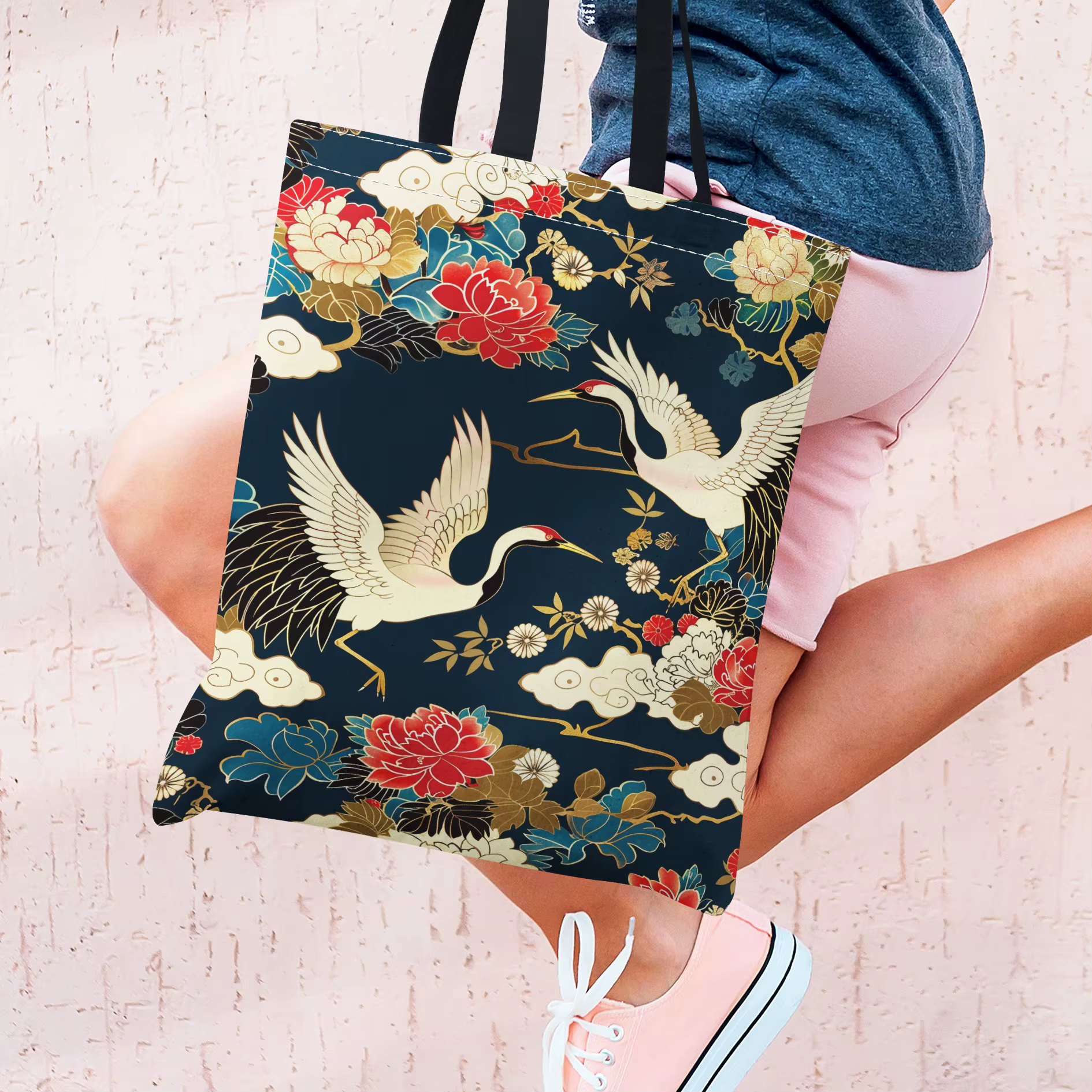Sac fourre-tout d'inspiration japonaise avec grue et imprimé floral
