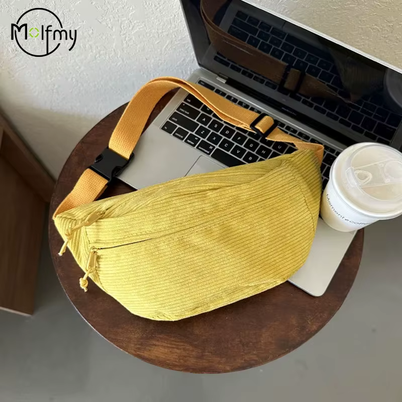 Femmes taille sac velours côtelé étudiant épaule sac à main bandoulière poitrine