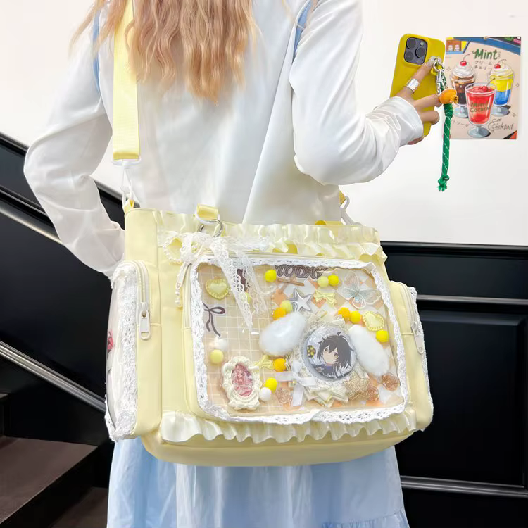 Sac fourre-tout Ita japonais Kawaii rose en dentelle à volants avec plaque de base et fenêtre transparente