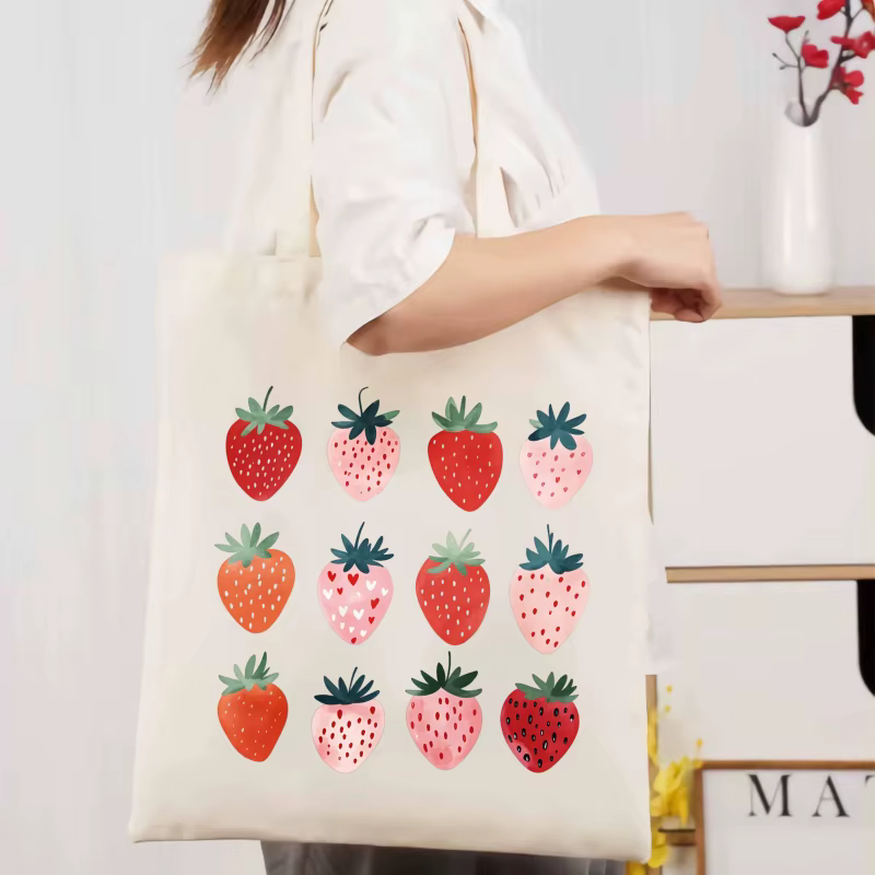 Sac fourre-tout en coton à motifs de fraises crémeuses pour un usage quotidien