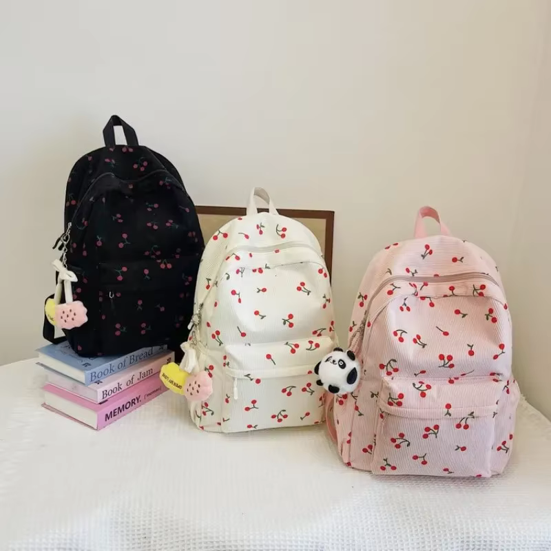 Sac à dos en velours côtelé motif cerise pour femmes