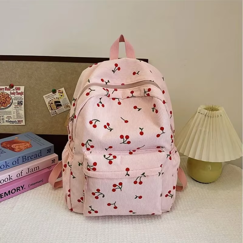 Sac à dos en velours côtelé motif cerise pour femmes
