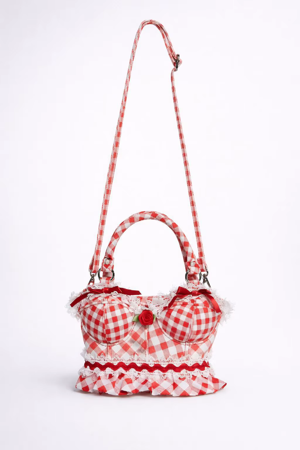 Sac à main vintage en cuir PU à carreaux avec dentelle florale et motif rose