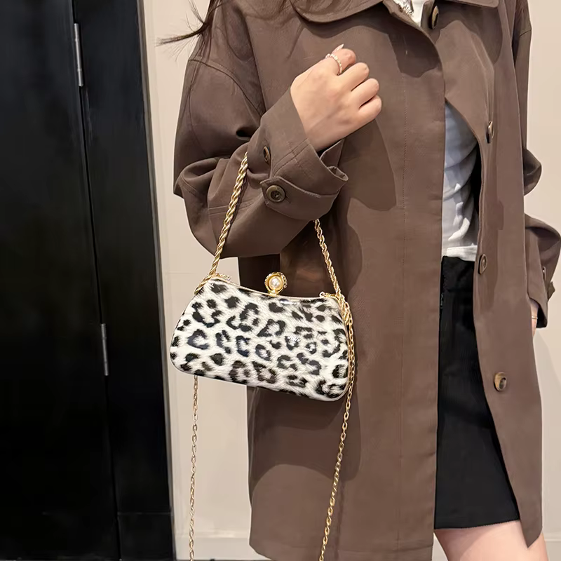 Pochette à chaîne mode soirée sac à main téléphone sac dame marron léopard impression sac