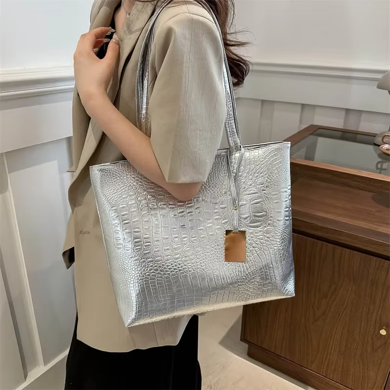 Mode décontracté femmes sacs à bandoulière argent or noir Crocodile Sac à main en cuir PU femme grand Sac fourre-tout