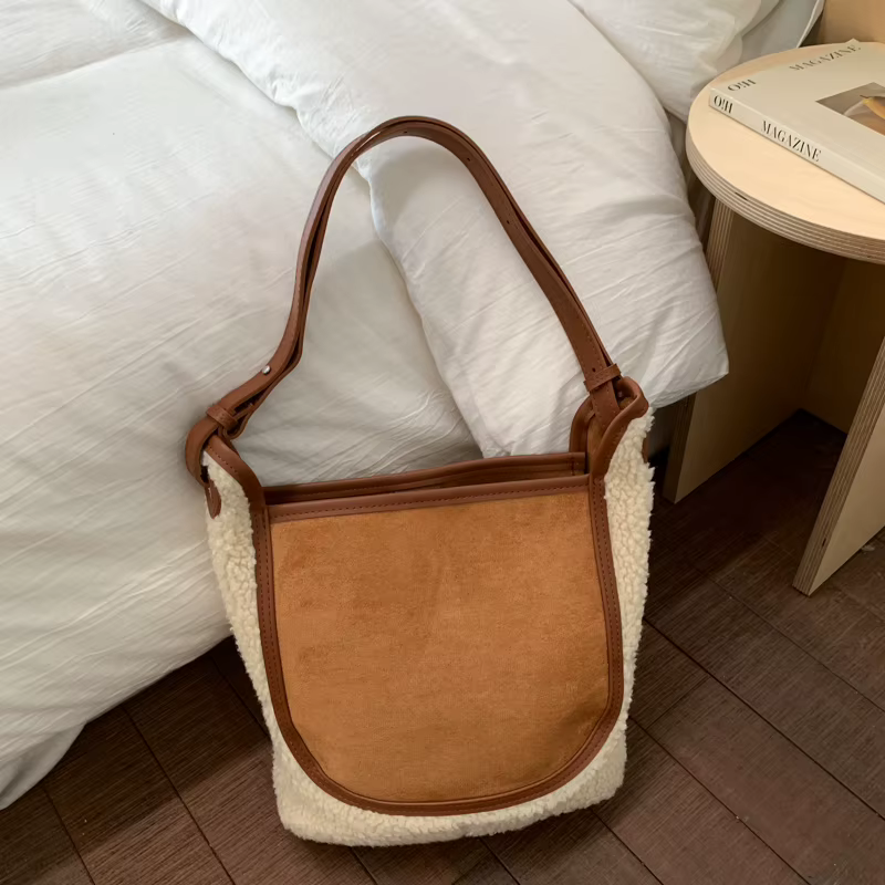 2025 hiver agneau laine sac à main femmes sac grande capacité 2 ensemble fourre-tout Vintage décontracté seau sac à bandoulière Faux daim femme bolsa