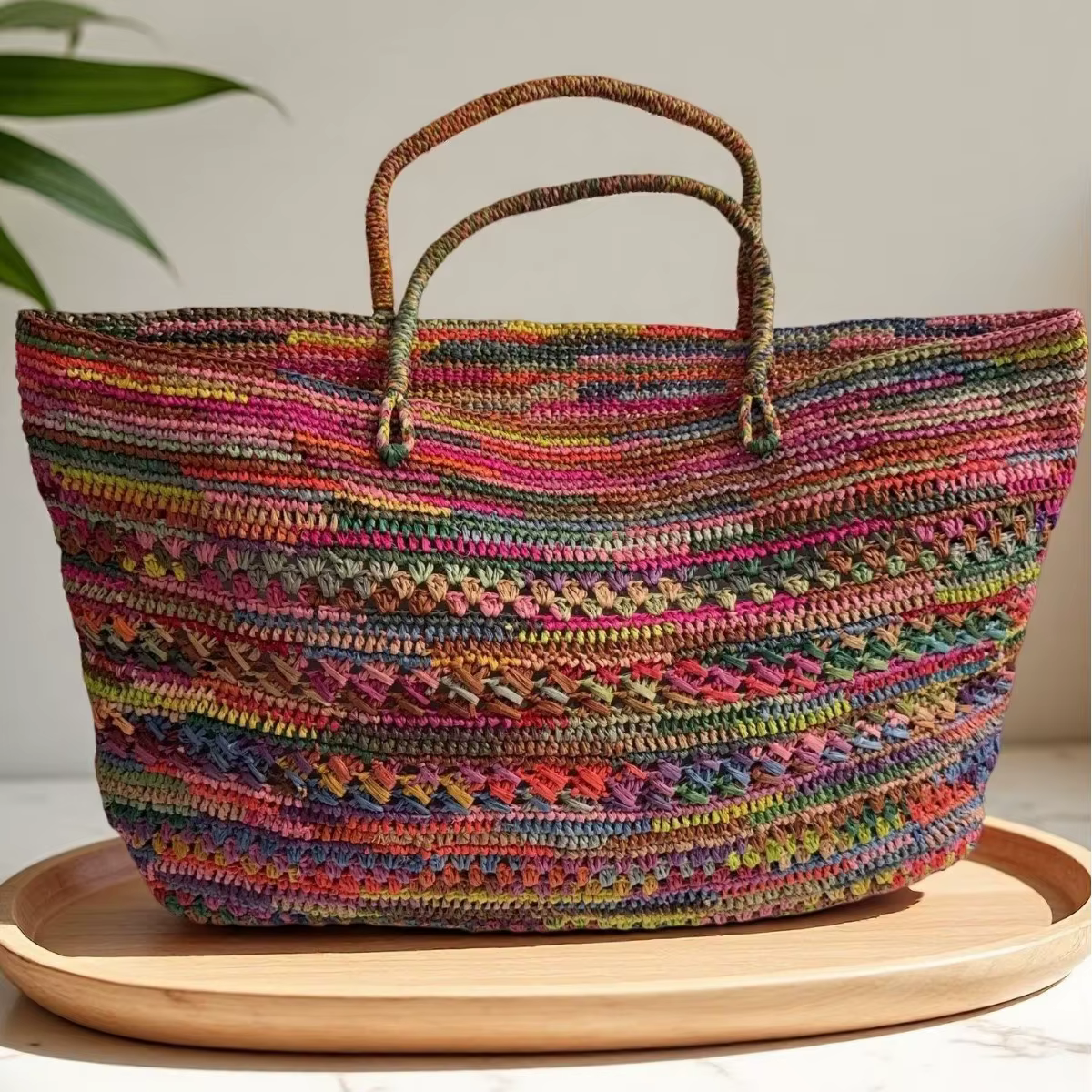 Sac seau coloré en raphia crocheté à la main pour femme