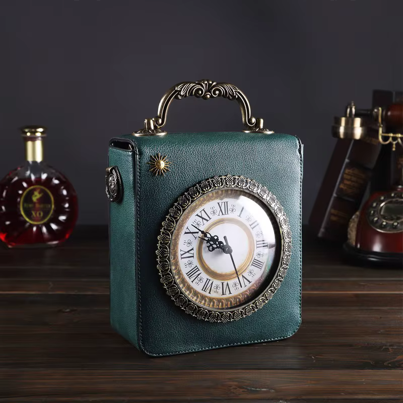 Le nouveau sac créatif pour femme est un sac à bandoulière rétro à main avec une véritable horloge et un petit sac carré brodé