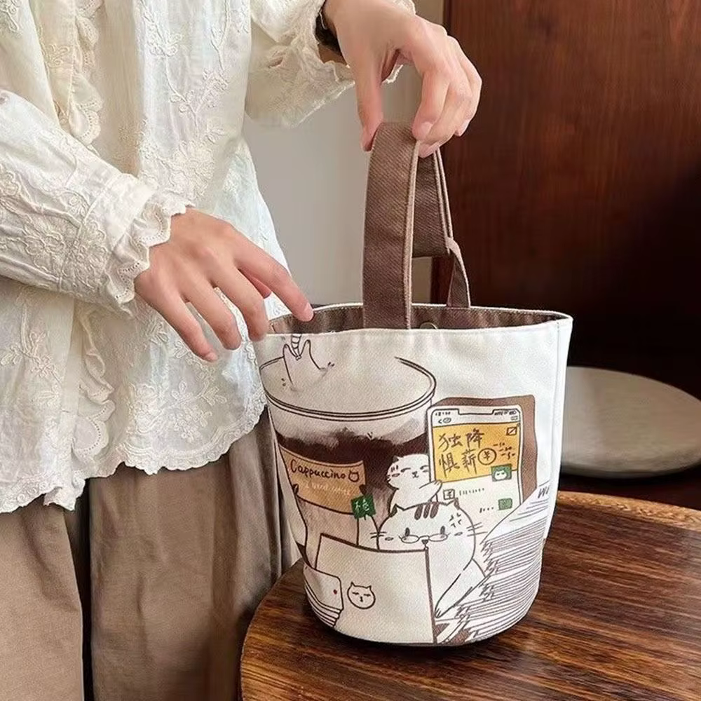 Doux grande capacité dessin animé café chat seau sac toile sac à main Style coréen momie sac fourre-tout sacs à provisions sac à déjeuner voyage