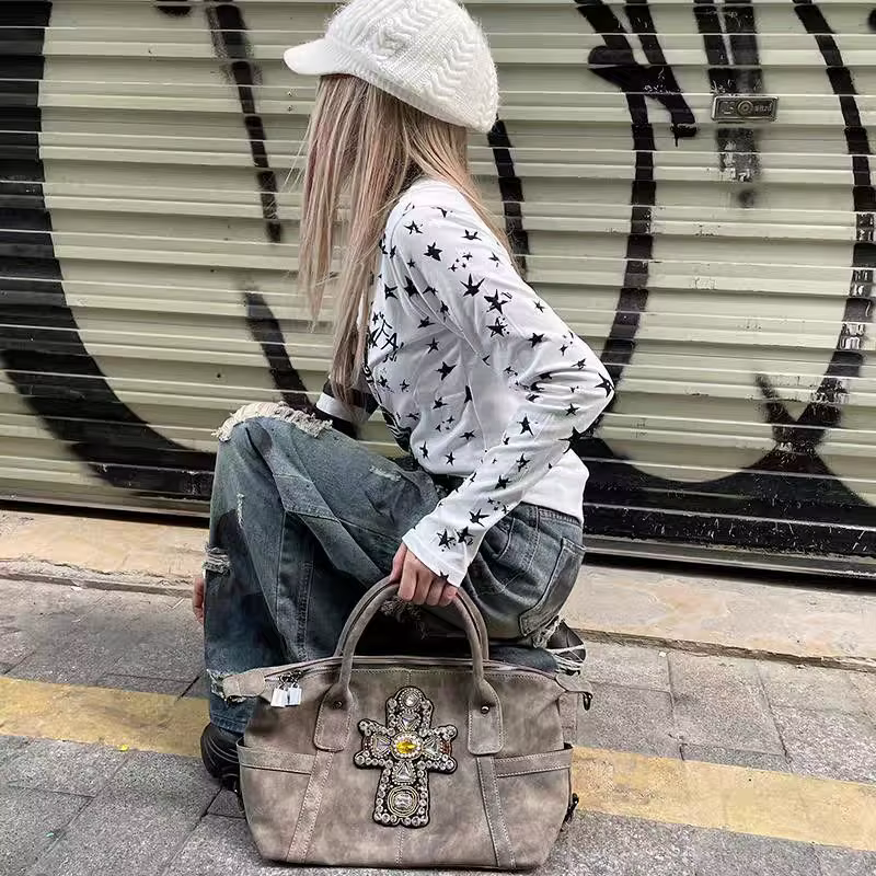 JIAERDI Vintage sous-culture croix fourre-tout sac à bandoulière femmes filles chaudes grande capacité Y2k sac à main dames Harajuku automne portefeuille nouveau