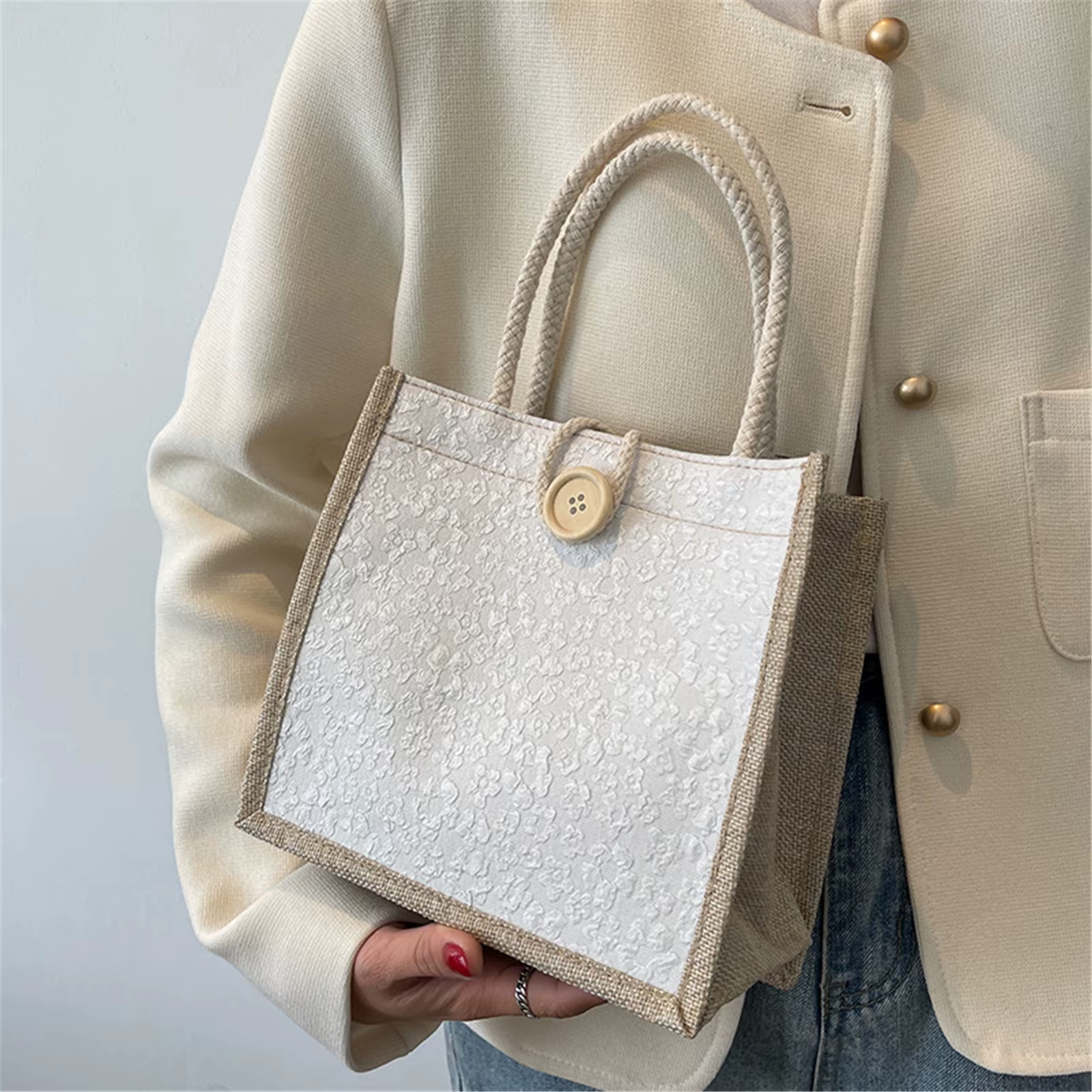 Sac à main en lin avec fermeture éclair pour femme