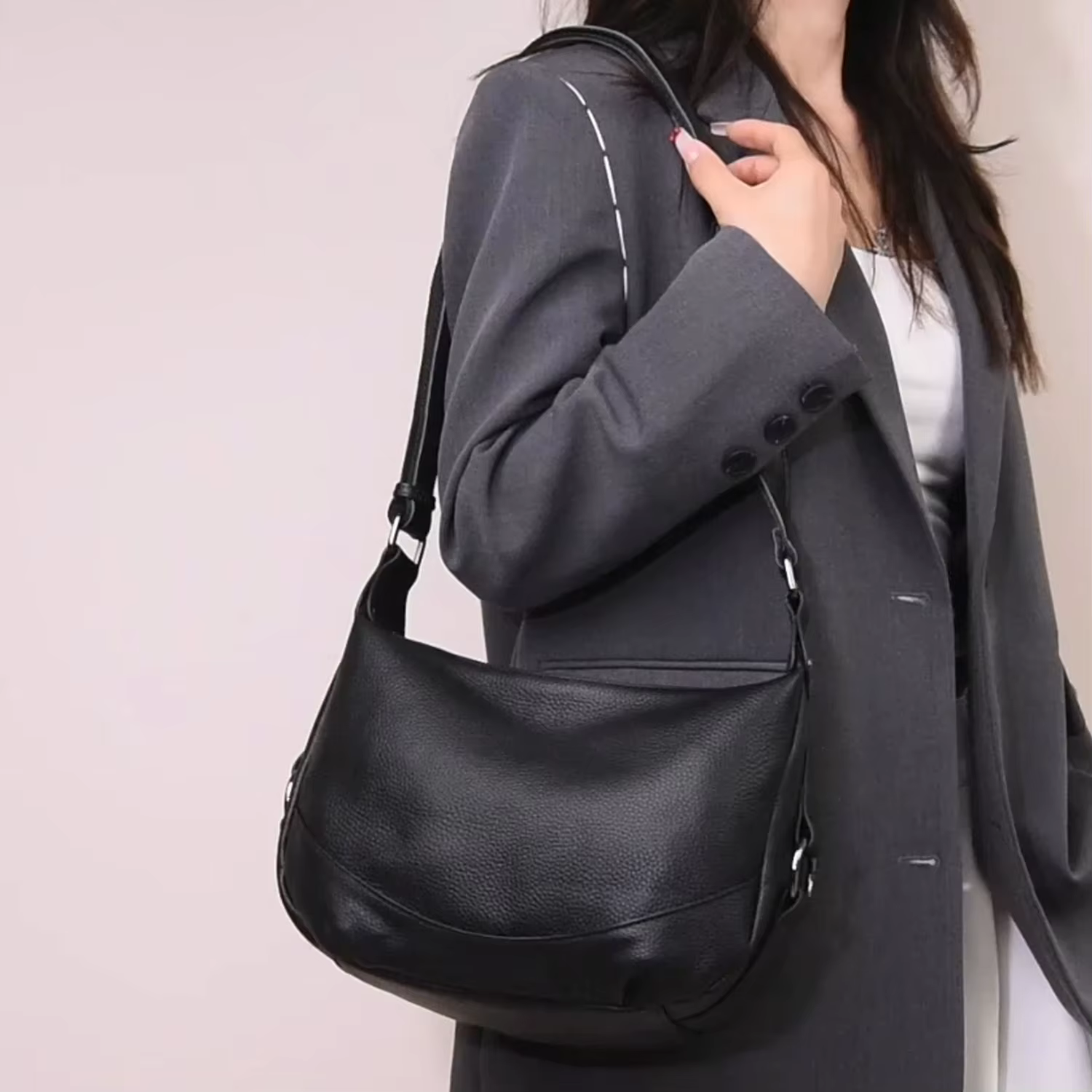 Sac à bandoulière en cuir véritable à fermeture éclair pour femme