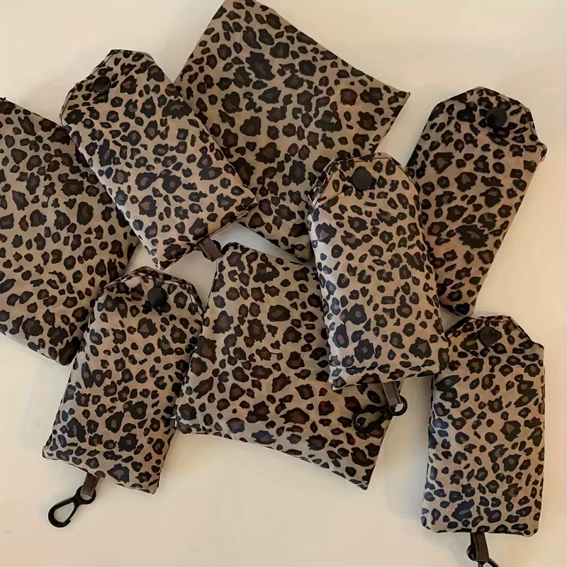 Sac de courses pliable à imprimé léopard - Sac en nylon léger et étanche avec poignées robustes pour l'épicerie et le supermarché