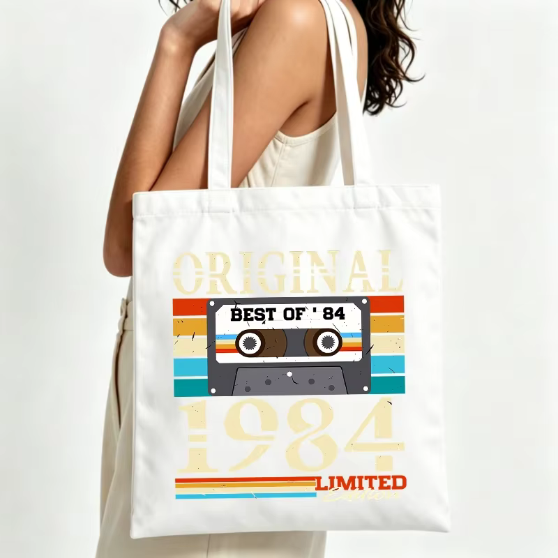 Sac fourre-tout en toile pour femme avec motif cassette rétro et texte vintage
