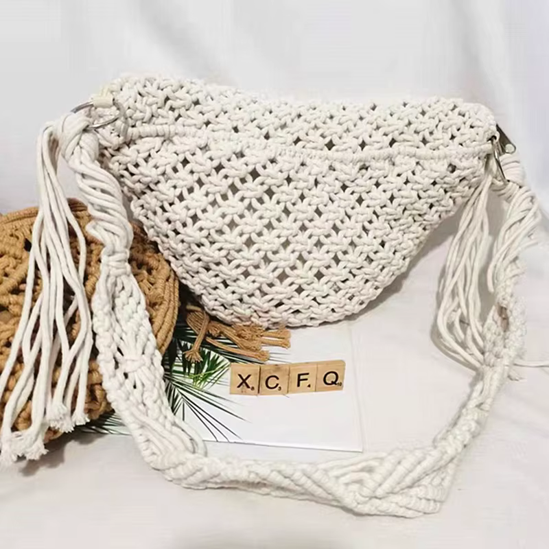 Sac de plage bohème tissé à la main avec pompons, crochet en coton évidé, fourre-tout de voyage, sacs à main de style ethnique, sac sous les bras, été