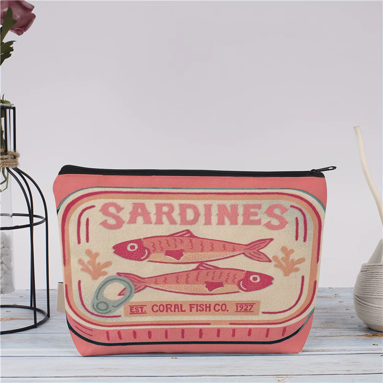 Pochette à fermeture éclair imprimée rose pour sardines fantaisistes